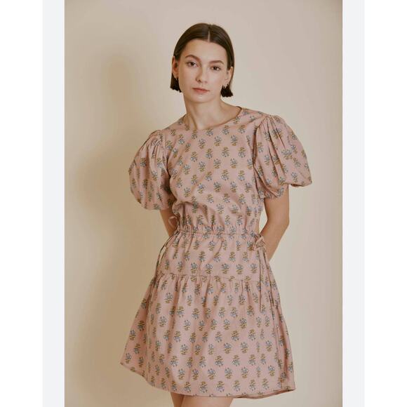 Aureum Pink Block Print Puff Sleeve Backless Cottagecore Milkmaid Mini Dress - Picture 1 of 8